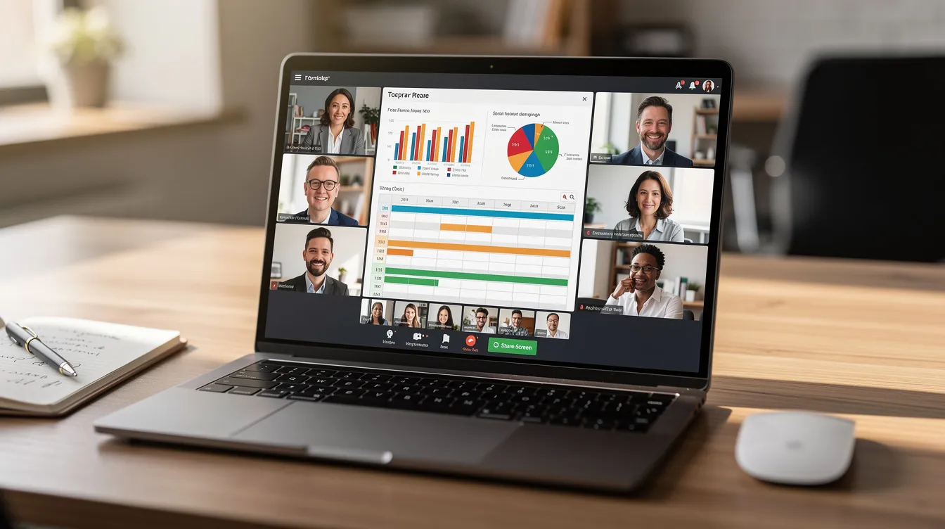 The image depicts a professional video conference call where team members are engaged in a discussion about a project, with a shared screen displaying their web design concepts. This collaborative setting highlights the importance of effective communication in the web design process for achieving business objectives.