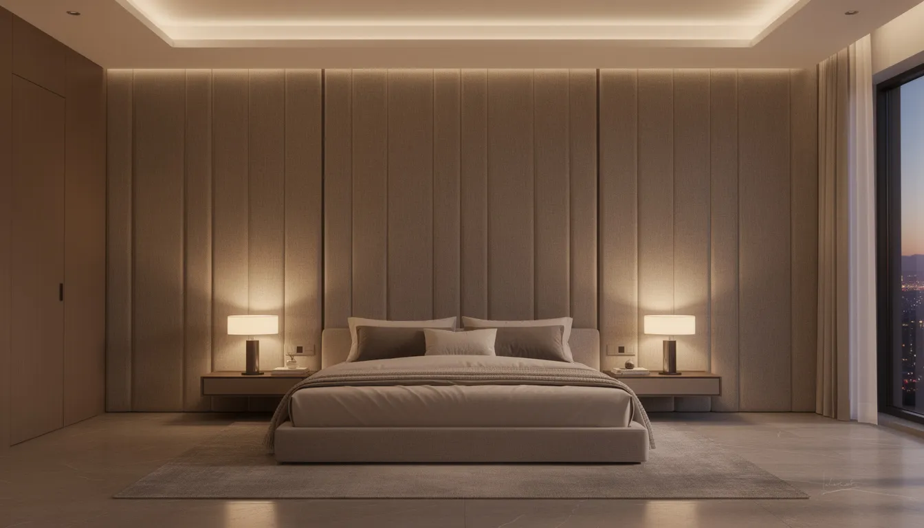 Een luxe slaapkamer met hoge gestoffeerde wandpanelen achter een kingsize bed, verlicht door indirecte verlichting die een warme sfeer creëert. De akoestische wandpanelen dragen bij aan een esthetisch aantrekkelijke en comfortabele omgeving door storende geluiden te verminderen.