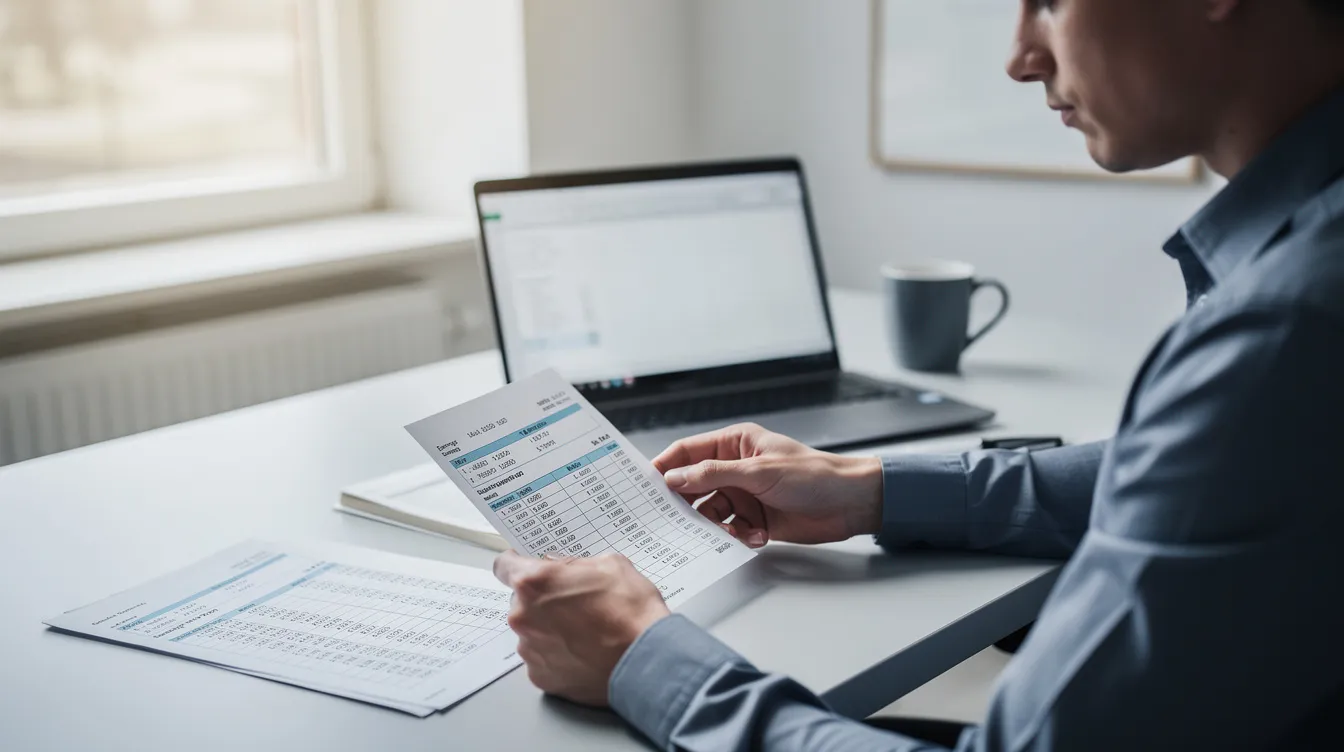 A worker is seated at a desk, intently reviewing their pay stub and timecard, highlighting concerns about unpaid wages and potential wage and hour violations. This image reflects the importance of understanding pay details to ensure compliance with federal wage laws and protect workers' rights.