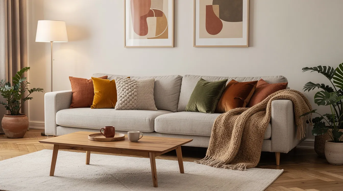 Een gezellige woonkamer met een beige bank, bedekt met verschillende sierkussens in warme aardetinten en een plaid over de armleuning, creëert een zachte en uitnodigende sfeer. De kussens variëren in formaten en texturen, wat bijdraagt aan de speelse look van de zithoek.