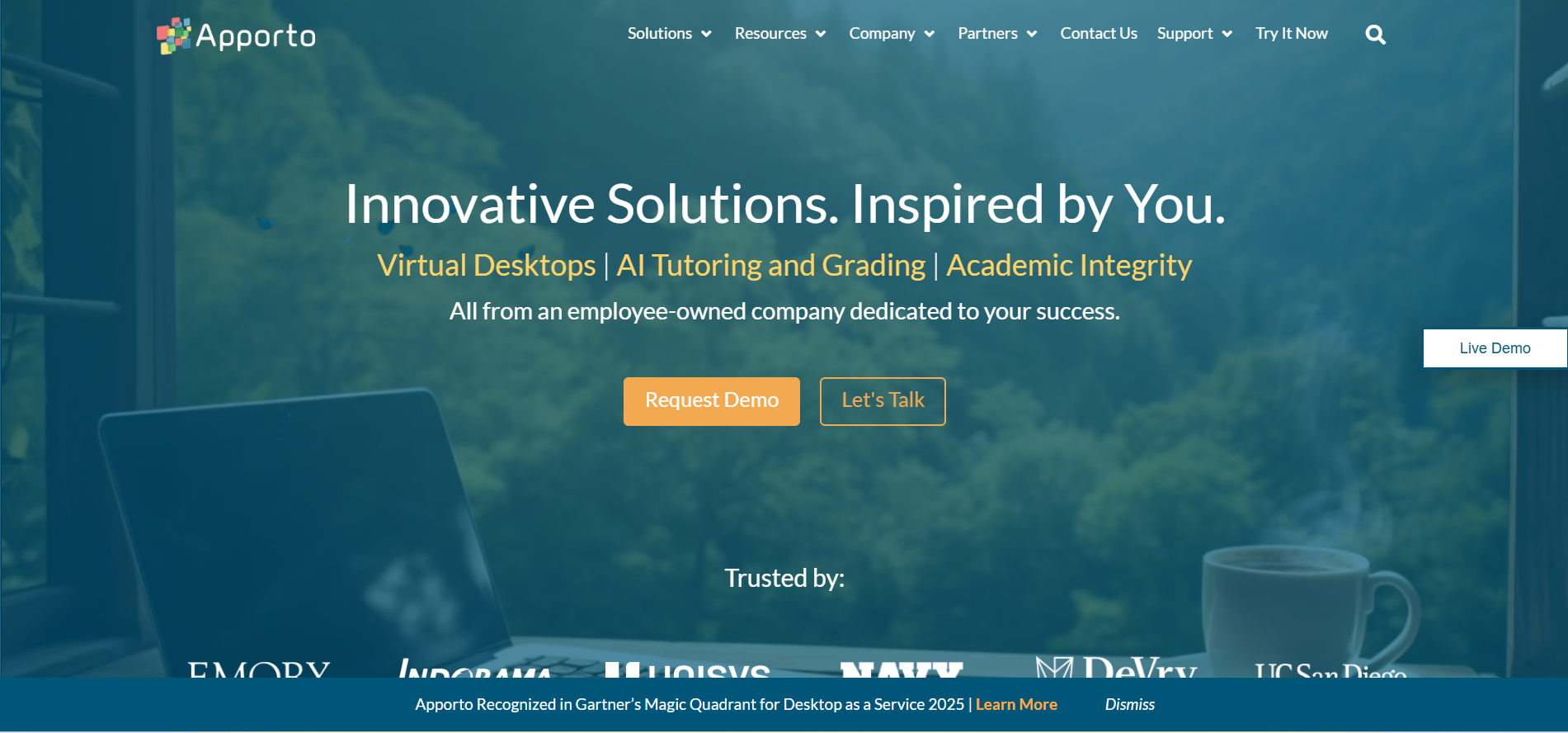 Homepage of Apporto showcasing virtual desktop solutions for small business with cloud-based access, AI tools, and secure remote environments.