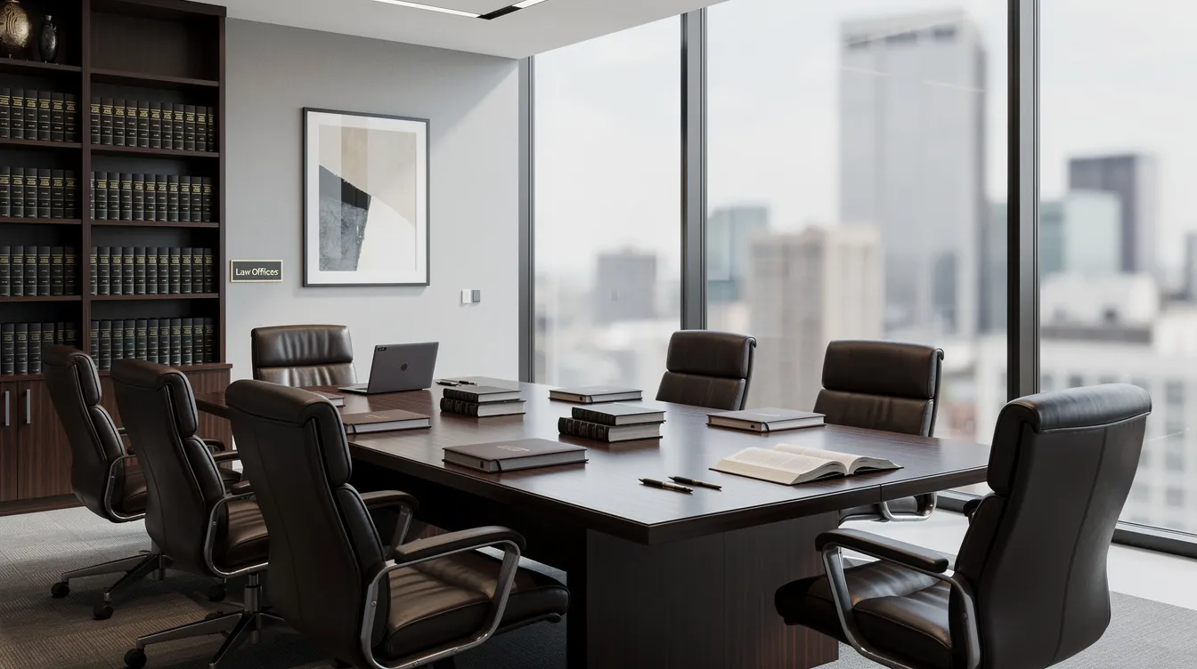 The image depicts a professional law office meeting room featuring a large conference table surrounded by chairs, conveying a formal atmosphere suitable for discussions about personal injury lawsuits, including drunk driving accident cases. The setting suggests a space where legal representation is provided for victims seeking compensation and navigating the complexities of Colorado law.