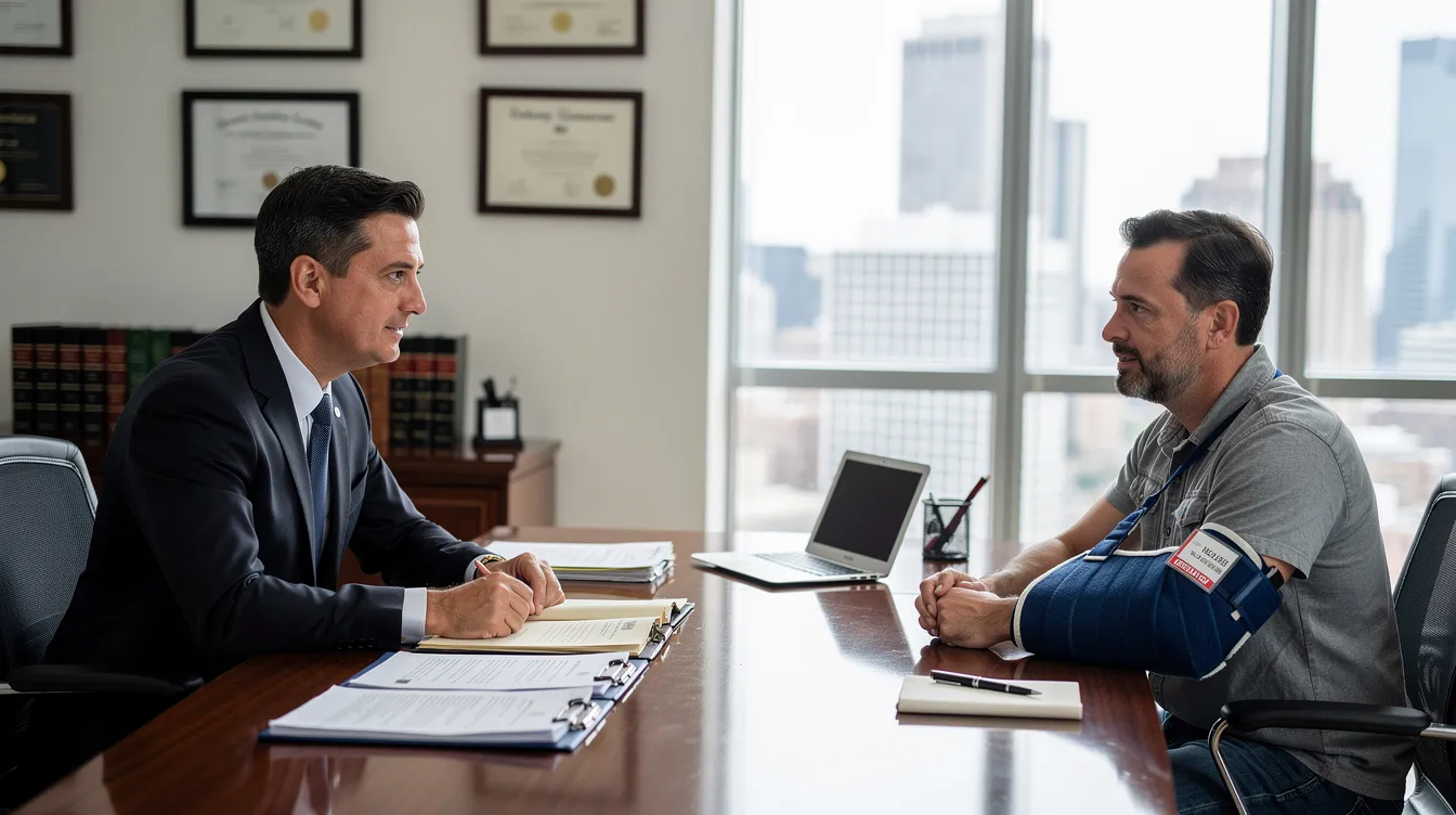An experienced Colorado workers compensation attorney meets with an injured worker in a professional office setting, discussing the details of their workers compensation claim, including medical treatment and lost wages due to a workplace injury. The attorney provides guidance on navigating the complexities of workers compensation laws and the appeals process.