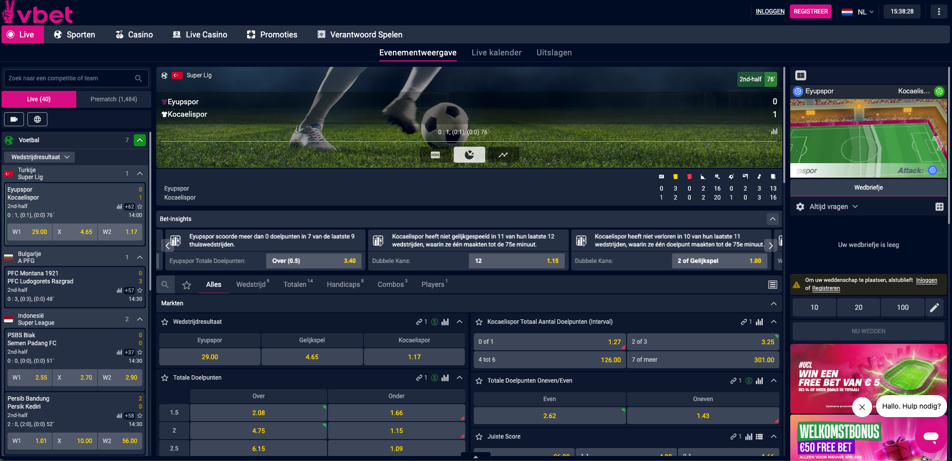 Live wedpagina van vbet sportsbook met een Super Lig voetbalwedstrijd tussen Eyupspor en Kocaelispor, inclusief live score, statistieken, odds voor wedstrijdresultaat, doelpuntenmarkten en andere live weddenschappen.