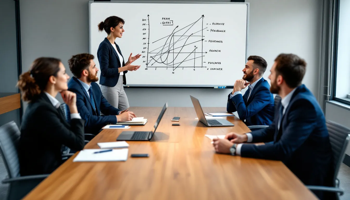 In der Abbildung diskutiert ein Arbeitsteam Strategien für das Benchmarking, während sie an einem Tisch sitzen, umgeben von Notizen und Laptops. Die Gruppe konzentriert sich auf die Analyse von Wettbewerbsbenchmarking und Best Practices, um die Leistungsoptimierung und Wettbewerbsfähigkeit ihres Unternehmens zu verbessern.