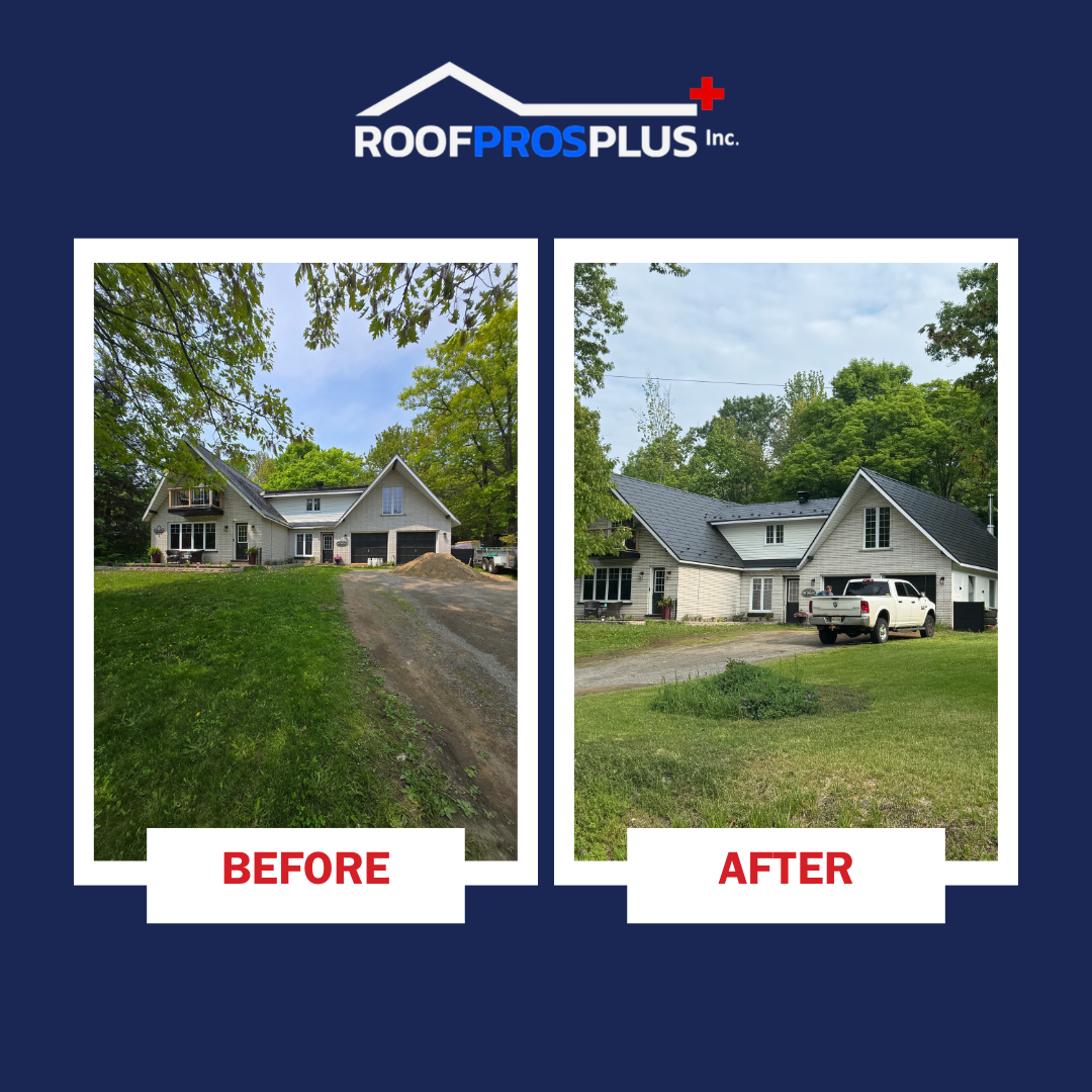 Before and after pictures highlighting a metal roof install from Roof Pros Plus.