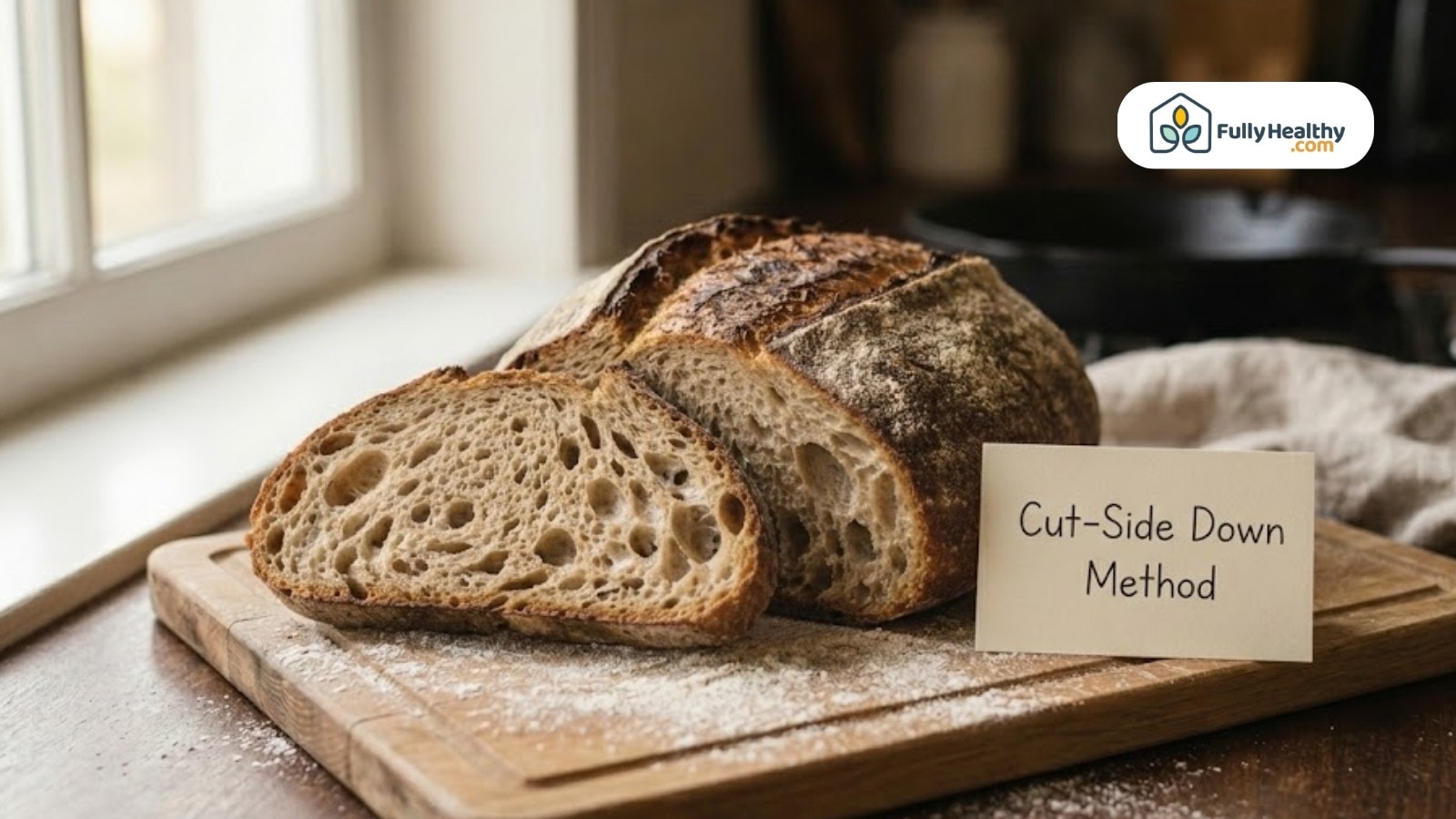 Sourdough loaf demonstrating cut-side down storage method on board