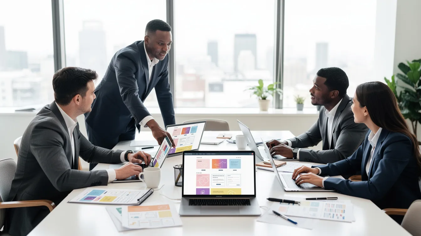 In a modern office setting, business professionals are gathered around laptop screens, reviewing website mockups as part of the web design process. Their collaboration highlights the importance of choosing the right web design agency to achieve their business objectives.