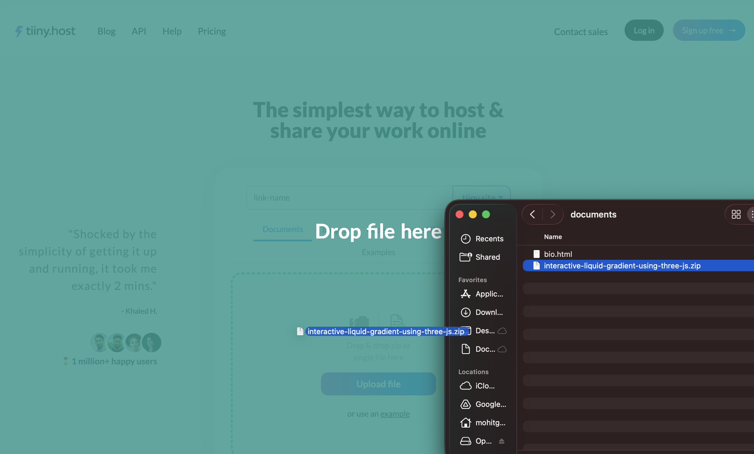 Drag and drop the ZIP file from Codepen onto the TiinyHost website