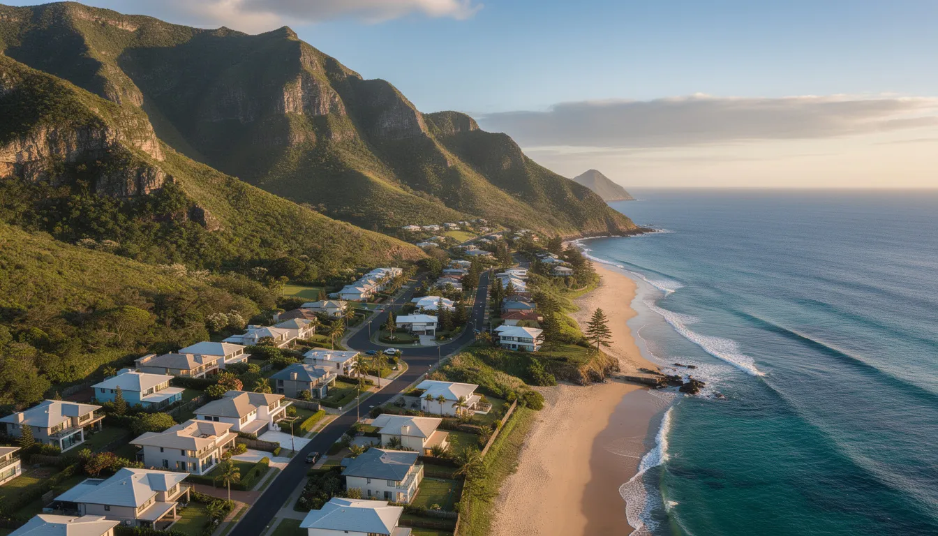 The image depicts a picturesque coastal suburb with residential homes beautifully situated between majestic mountains and the sparkling ocean. This serene setting in Hout Bay highlights the ideal environment for enjoying entertainment services, such as affordable DSTV installation and professional DSTV installation services, offered by skilled technicians in the area.