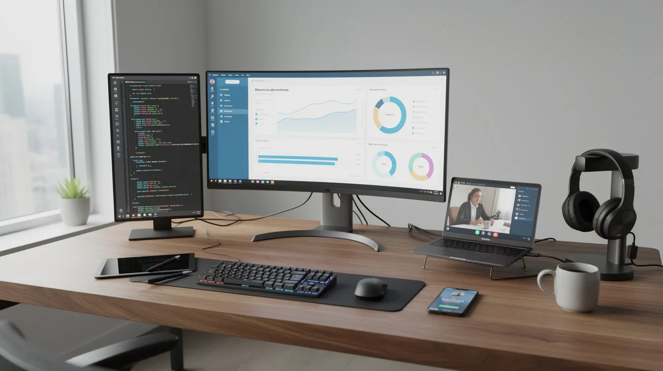 A modern digital workspace with multiple technology displays, showcasing tools for managing registered apprenticeship programs and tracking apprentice achievements.