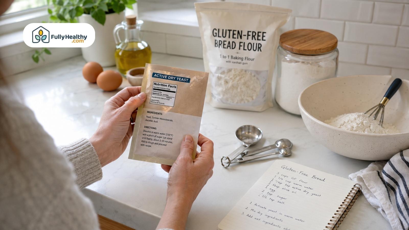 Person checking active dry yeast packet beside gluten-free bread ingredients in kitchen