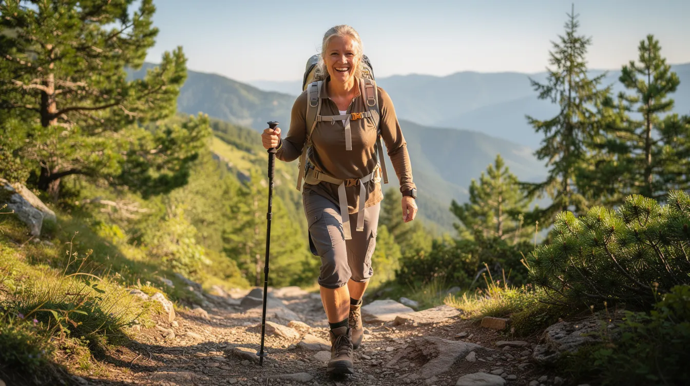 The image shows a person in their 50s, exuding energy and vitality while hiking outdoors, surrounded by lush greenery. This scene reflects the potential benefits of NAD IV therapy in promoting overall health and enhancing energy levels, which can be crucial for maintaining an active lifestyle as one ages.