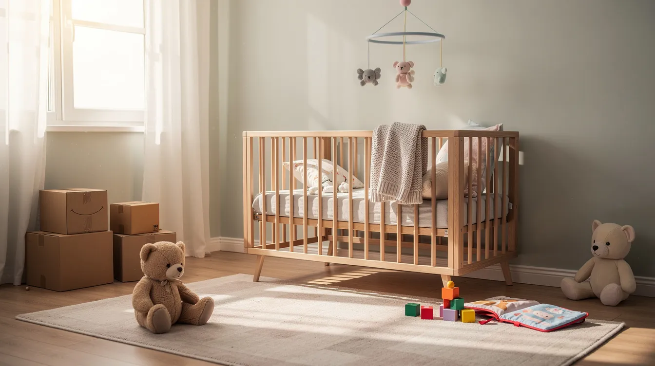 The image depicts a nursery being set up in a new room, featuring a cozy cot, a colorful mobile hanging above, and familiar toys scattered around, creating a welcoming environment for babies. This transition into a new house can be a stressful situation for families, as they plan ahead to ensure a smooth adjustment for their children in these new surroundings.