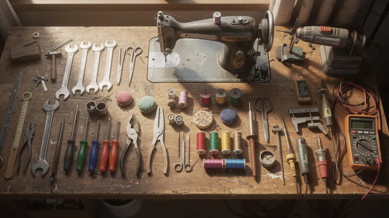 The image shows a workbench cluttered with various hand tools, sewing machines, and small equipment, highlighting an environment conducive to micro enterprises and small businesses. This setup reflects the entrepreneurial spirit supported by financial institutions and government schemes like the Pradhan Mantri Mudra Yojana, aimed at providing funding for eligible borrowers.