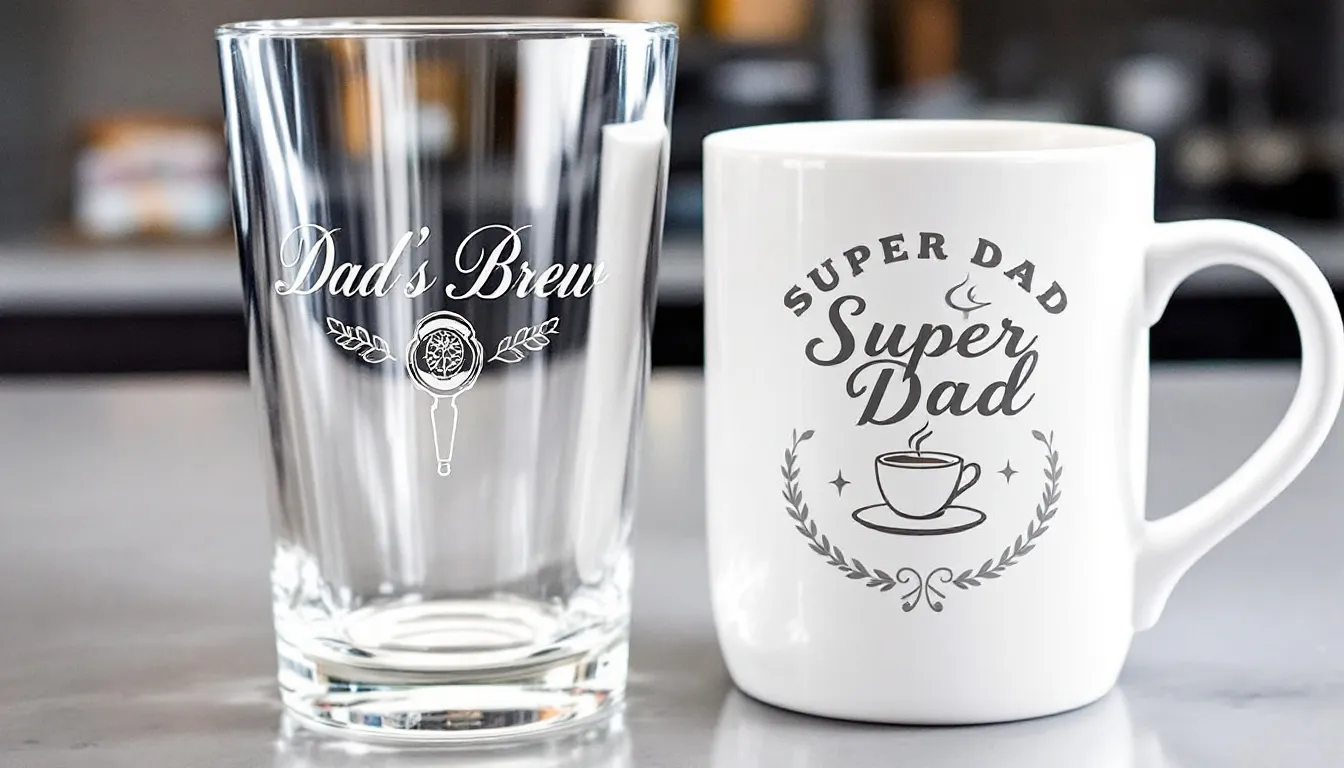 A close-up image shows a personalised beer glass labeled 'Dad’s Brew' and a custom coffee mug with the inscription 'Super Dad,' both resting on a kitchen counter, showcasing thoughtful decorative elements. These items represent unique personalised father's day gifts that celebrate the special bond with Dad.