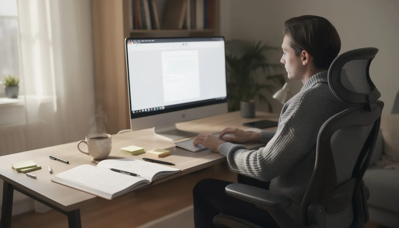 The image depicts a person working diligently at a computer desk, surrounded by notes and a steaming cup of coffee, suggesting a focused environment for enhancing brain function and productivity. This setting may also imply the importance of regular exercise and creatine supplementation for maintaining muscle mass and improving overall athletic performance.