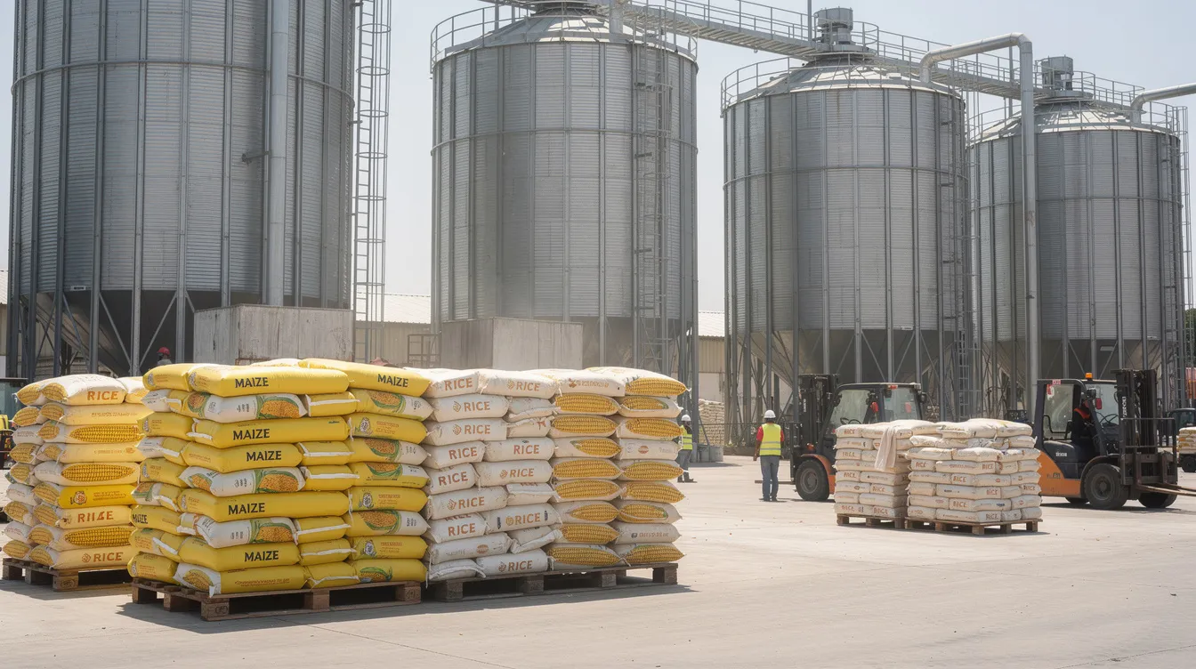 The image depicts a series of large grain storage silos filled with bags of maize and rice at an agricultural processing facility, highlighting the importance of raw materials in bioethanol production. This facility is part of a broader effort in grain-based ethanol projects, contributing to renewable energy initiatives.
