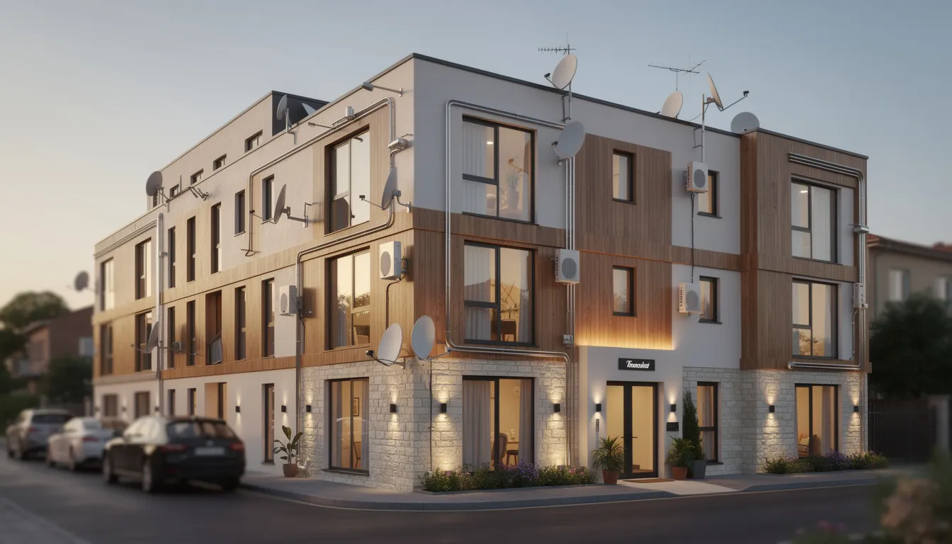 The image depicts the exterior of a boutique guesthouse featuring multiple satellite connection points, showcasing several satellite dishes installed for optimal DSTV reception. This setup highlights the importance of professional DSTV installation services in Herolds Bay, ensuring guests have access to a wide range of channels.