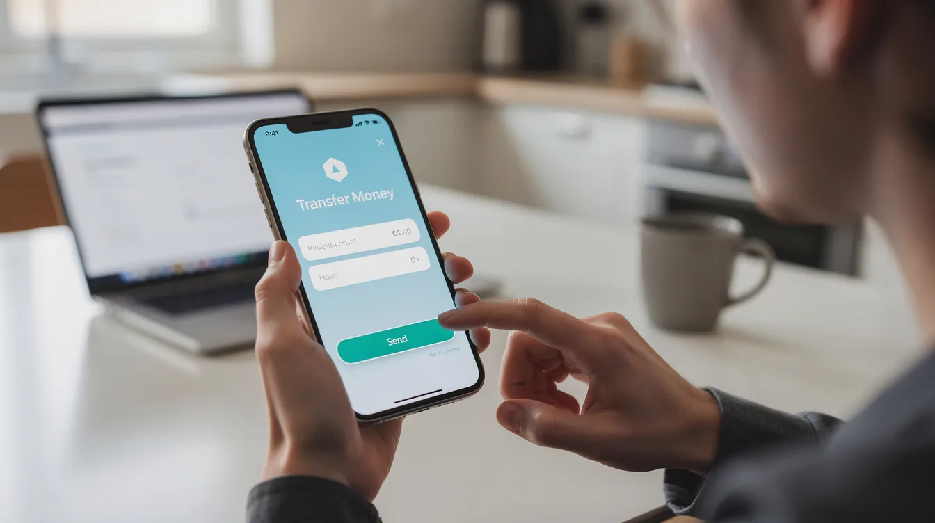 The image shows a person using a smartphone to access a banking app, where they are initiating a money transfer. The app likely requires the correct IFSC code to ensure the funds reach the recipient's bank account in India.