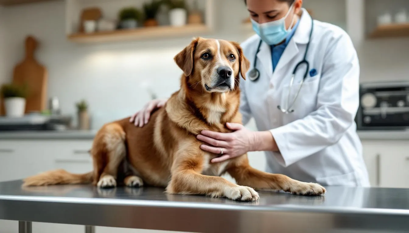 A veterinarian is gently examining a healthy dog during a routine check-up, ensuring its coat and skin condition are optimal. The vet may discuss the dog