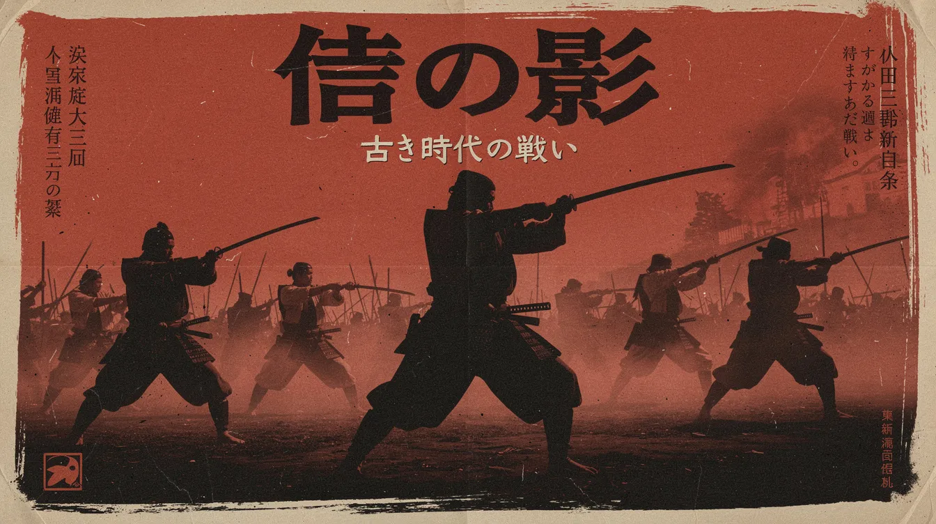 Das stilisierte japanische Filmplakat im Vintage-Stil zeigt kraftvolle Rot- und Schwarztöne mit Silhouetten von Samurai-Kriegern, die Schwerter halten. Am oberen Rand sind japanische Schriftzeichen zu sehen, die auf den Klassiker "Die sieben Samurai" von Akira Kurosawa hinweisen.