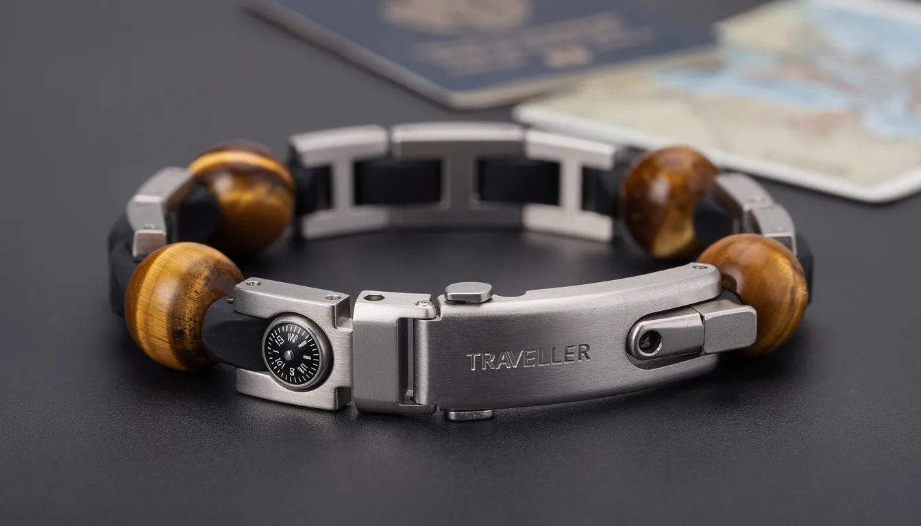 The image features a beautifully designed travellers bracelet made from durable materials like stainless steel and adorned with various beads, including Tiger's Eye gemstones that symbolize confidence. This stylish accessory is displayed on a beading mat, showcasing its secure clasp and comfortable fit, making it perfect for everyday wear and adventure.