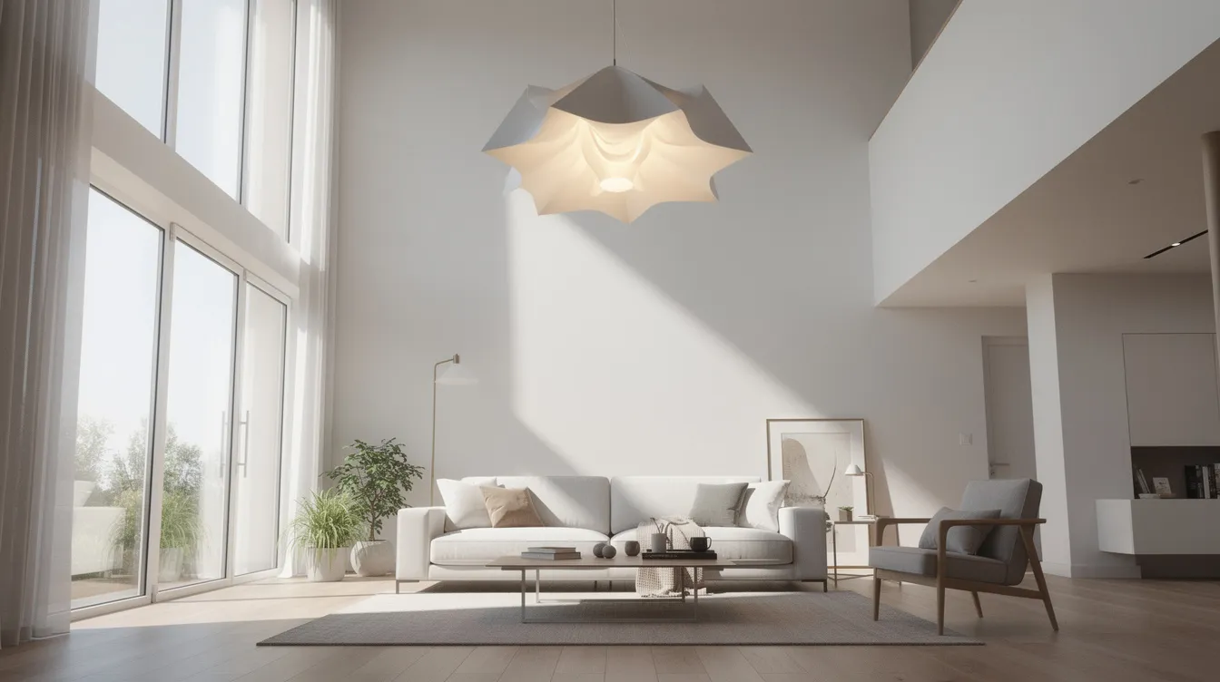 De afbeelding toont een hoge woonkamer met veel daglicht en een grote, dimbare plafondlamp die een gezellige sfeer creëert. De moderne plafondlamp, met strakke lijnen en een elegante uitstraling, zorgt voor voldoende licht en draagt bij aan de perfecte ambiance van de kamer.