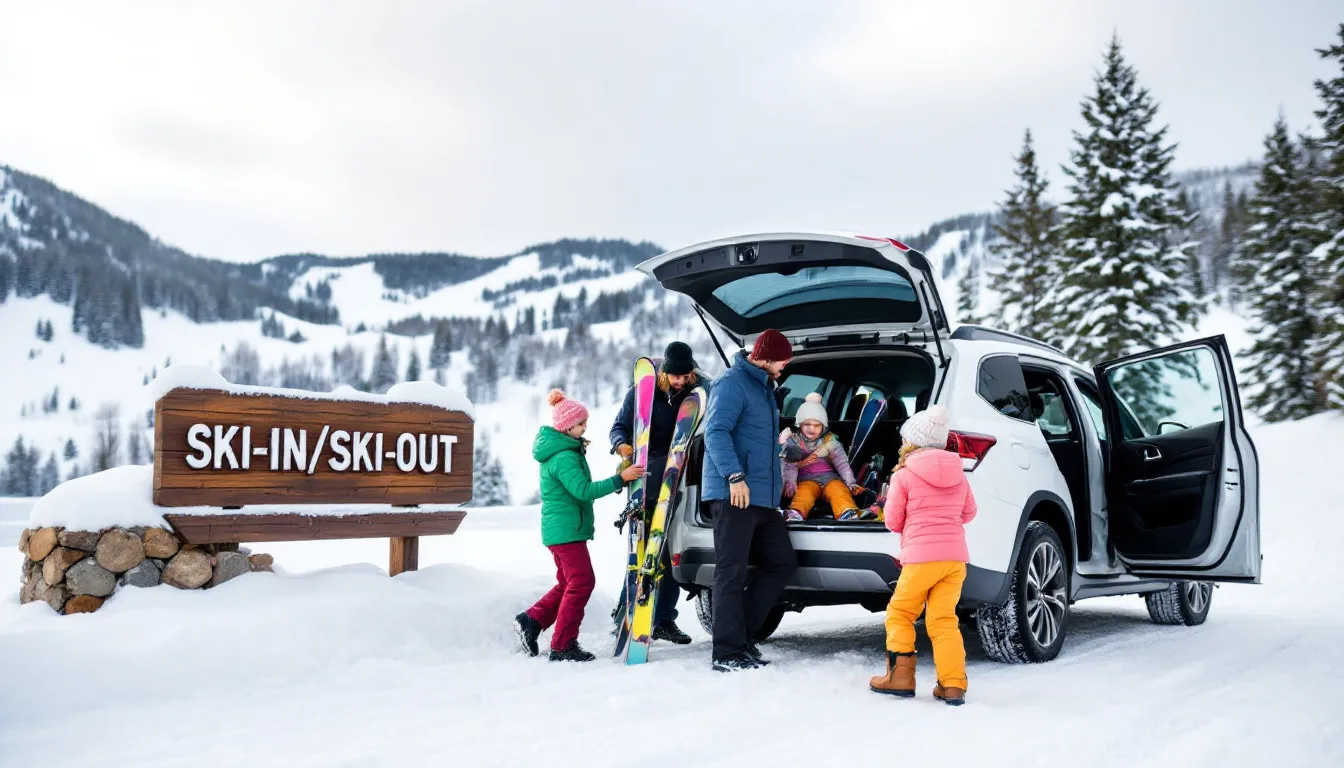 A family is seen loading their skis at the entrance of a ski-in/ski-out property, with snow-covered slopes of Brian Head Resort visible in the background, highlighting the great location for skiing and family activities in southern Utah.