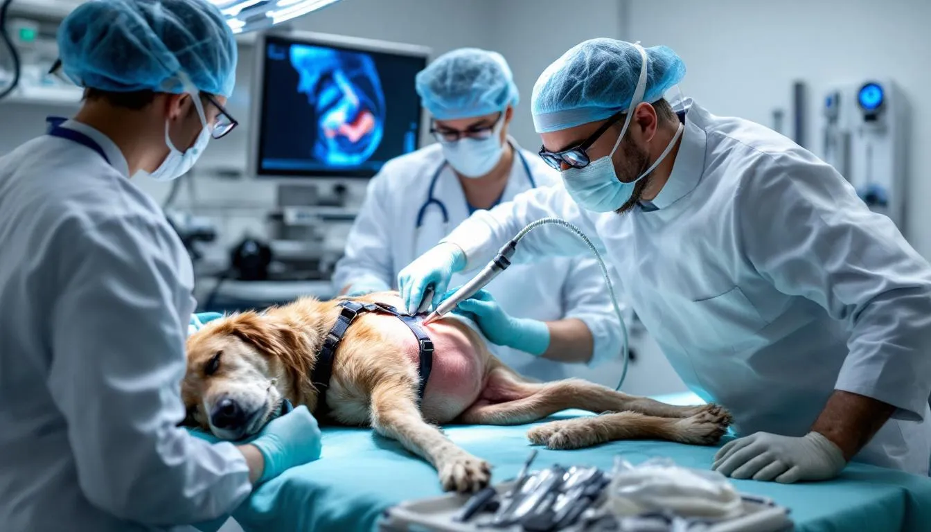 A veterinarian is performing a colonoscopy on an anesthetized dog, examining the large intestine for signs of conditions such as chronic colitis or inflammatory bowel disease. The procedure involves the use of a flexible tube to visualize the mucosal surface and collect colonic biopsies if necessary.