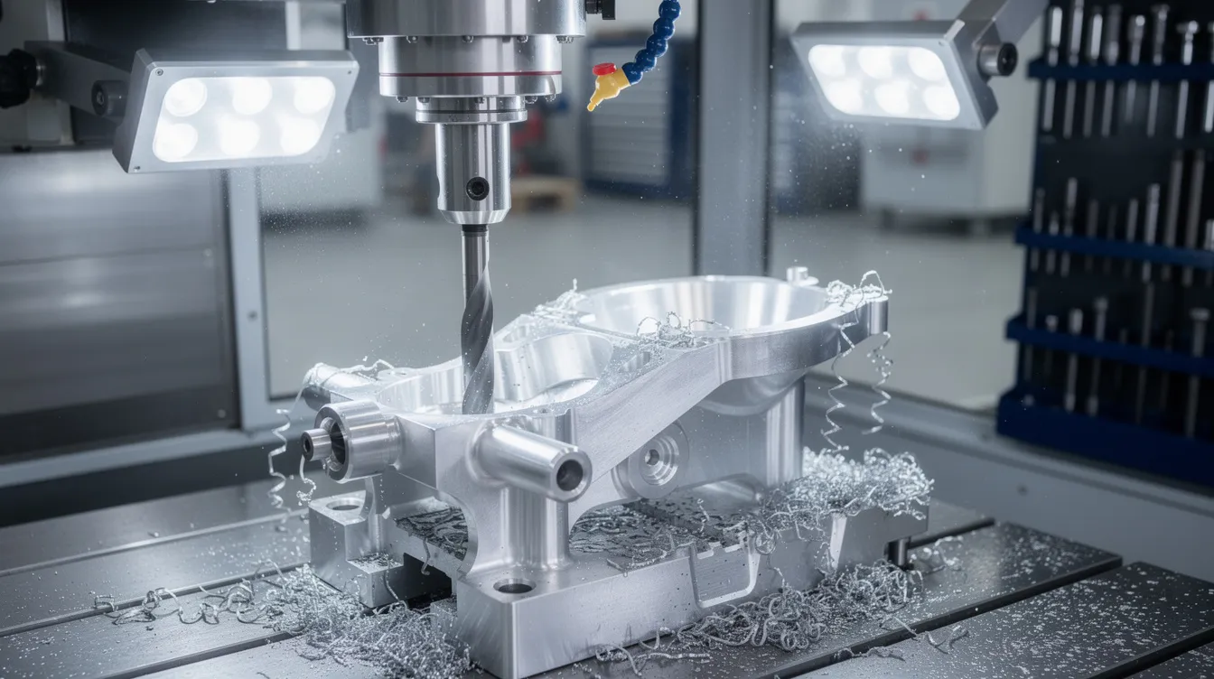 The image depicts a modern CNC machining center featuring a 5-axis milling machine actively cutting an aluminum part, with metal shavings scattered around in a clean factory environment. This advanced CNC machining setup highlights the precision and efficiency typical of top CNC machining companies, showcasing the capabilities of high precision CNC machining services.