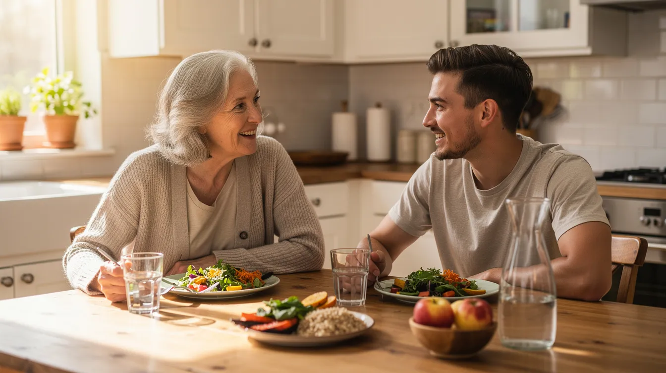 An older adult and a younger companion sit together at a kitchen table, sharing a nutritious meal that includes fresh foods and glasses of water. This scene highlights the importance of companionship and support in everyday life for families and caregivers, fostering connection and well-being.