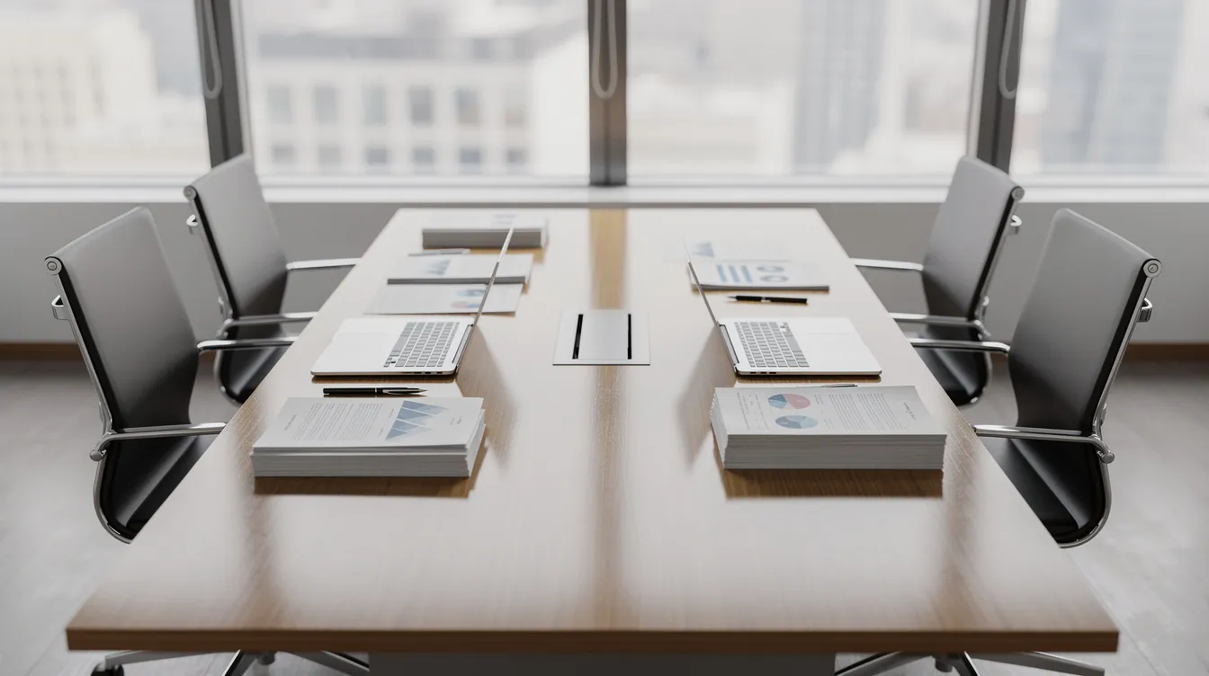 The image depicts a conference room table set for negotiation, featuring documents and a laptop, with two chairs on each side, suggesting a formal discussion between parties, such as an employer and a union, regarding contract agreements. The setting implies a focus on resolution and arbitration, emphasizing the importance of security verification in negotiations.