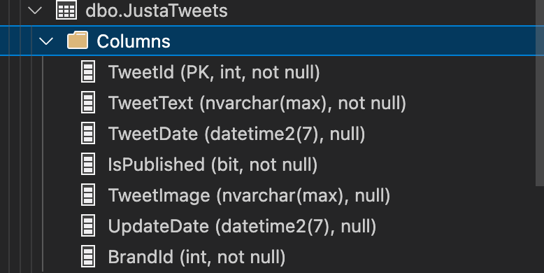 JustaTweets table columns displayed in SQL Server extension