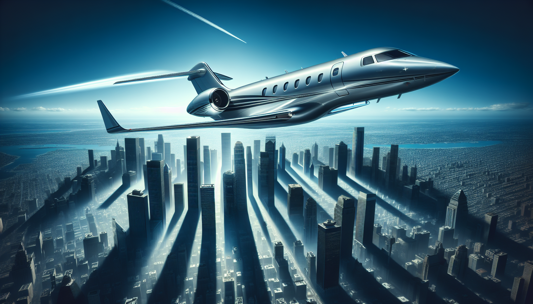 A luxurious private jet flying over a picturesque city