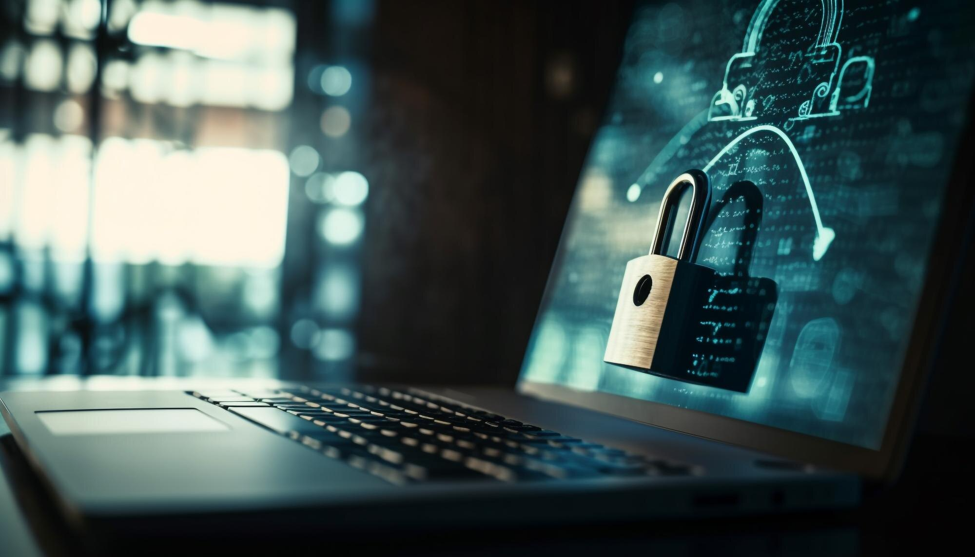 A laptop is open with a security type screen pulled up. In front of the laptop screen is a padlock.