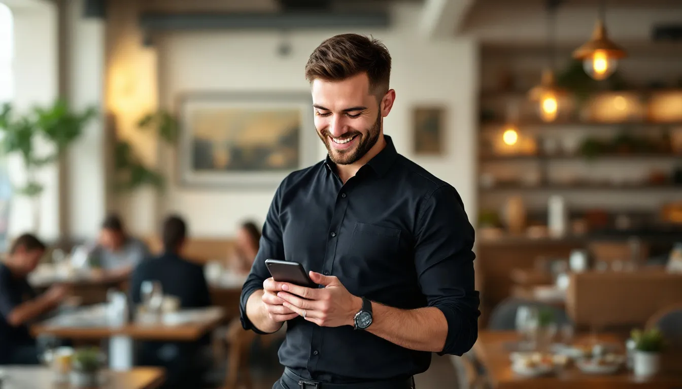 In the image, a restaurant manager is smiling while looking at his phone, likely pleased with the positive online reviews and customer feedback that enhance the restaurant's online reputation. This moment reflects the significance of restaurant reviews in attracting more customers and improving the dining experience.