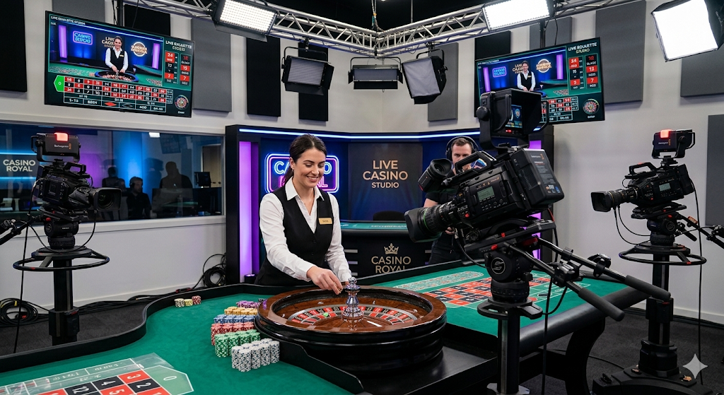 Live roulette casino studio med dealer, roulettehjul och kameror som streamar spelet i realtid online