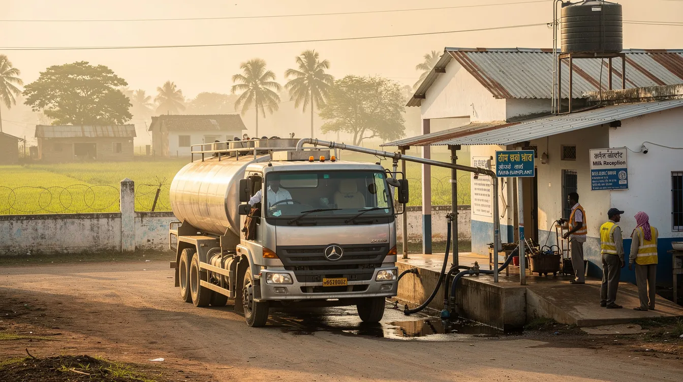 A milk tanker truck is arriving at a dairy processing plant reception dock in rural India, ready to deliver fresh liquid milk for the milk powder manufacturing process. The scene highlights the essential role of the milk powder industry in the local food processing sector, contributing to the production of various dairy products.