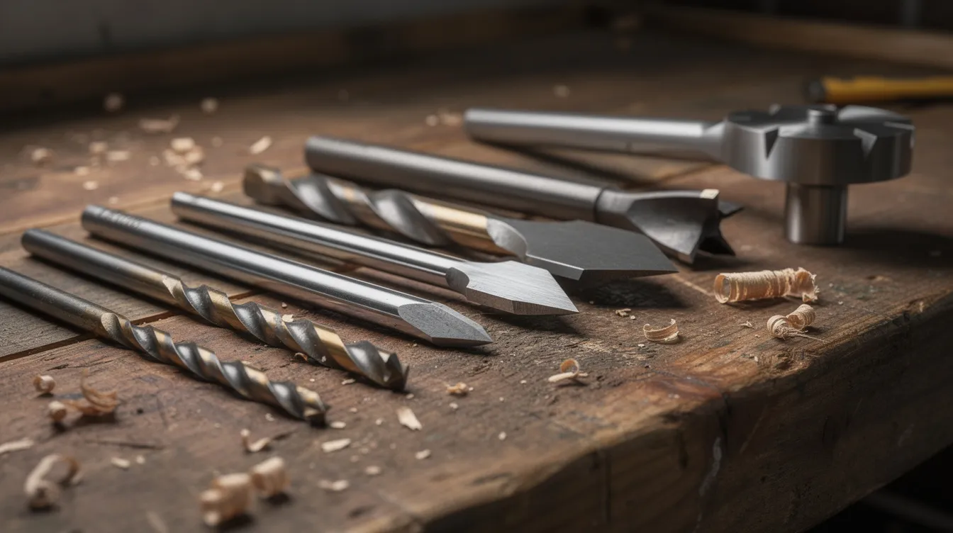 A close-up photograph features an array of various drill bits, including brad point bits, twist bits, spade bits, and Forstner bits, all neatly arranged on a wooden workbench. The sharp cutting edges of these wood and metal drill bits are designed for creating precise holes in different materials, showcasing the versatility needed for various DIY projects and woodworking tasks.