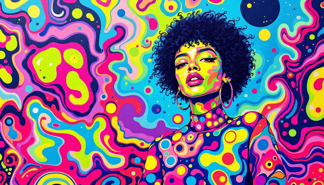 The image features a vibrant 70s pop and psychedelic design, showcasing bold geometric shapes and vivid colors that evoke nostalgia for the retro revival era. This artwork reflects vintage aesthetics with a modern twist, capturing the timeless appeal of vintage art and its influence on contemporary culture.