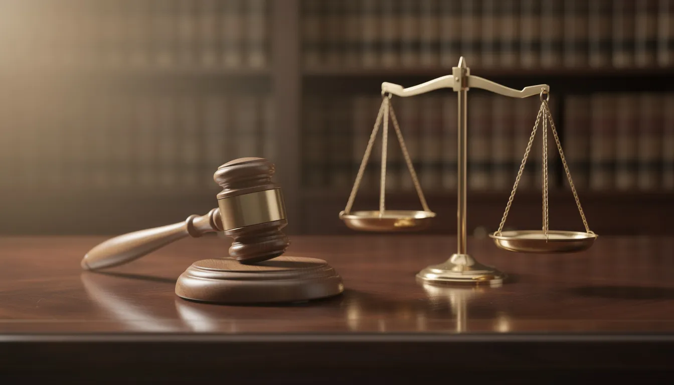 The image features a wooden desk with a gavel and scales of justice prominently displayed, symbolizing the legal process and the role of an attorney in insurance disputes. This representation highlights the importance of seeking fair compensation from insurance companies, especially in cases of denied coverage or bad faith claims.