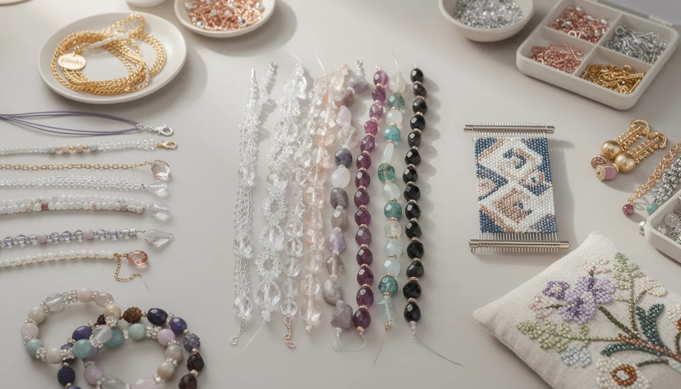 The image showcases a vibrant collection of crystal beads, glass beads, and gemstone beads in various shapes and colors, ideal for jewellery making. These beads are arranged alongside essential beading materials like chains and pendants, highlighting the endless possibilities for creating unique bracelets and necklaces.