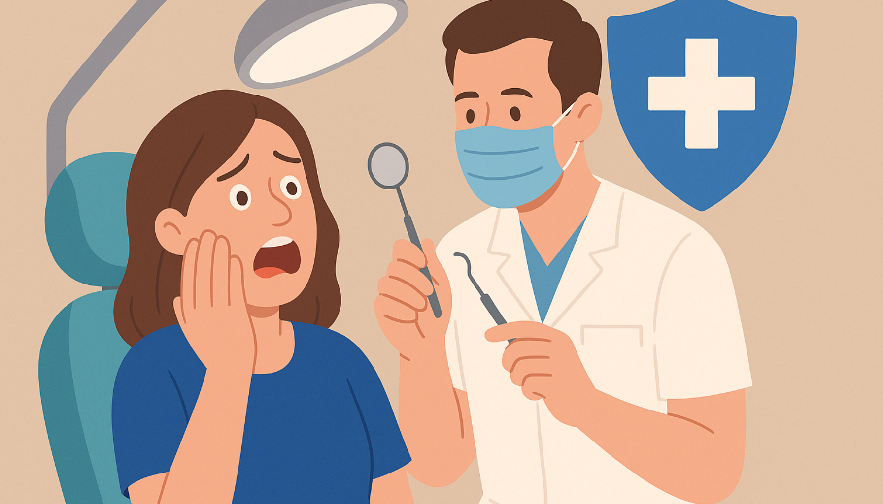 En kvinne viser tydelig tannlegeskrekk mens tannlegen holder instrumenter, med helsesymbol i bakgrunnen som illustrerer støtteordninger.