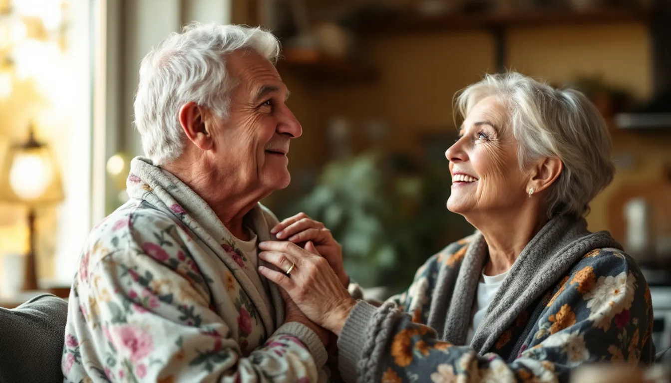 A caregiver assisting an elderly person with daily activities in a home setting.