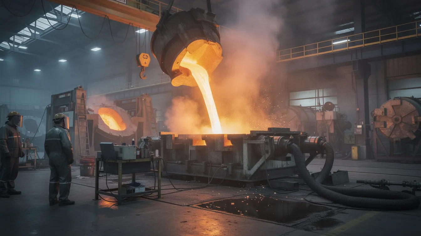 The image depicts molten aluminum being poured into a die casting machine within a large industrial foundry, showcasing the die casting process used for producing aluminum casting parts. This scene highlights the high-pressure die casting technique employed by casting manufacturers to create complex shapes with precision.