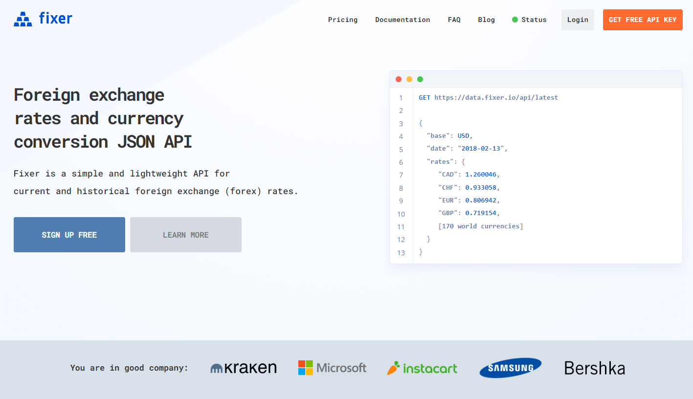 homepage of the fixer forex api