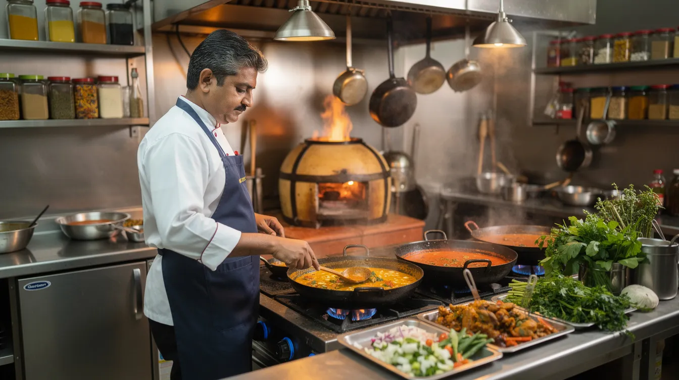 d171c418 17b2 45cd 8fd9 468454a69c3a The image depicts a small Indian restaurant kitchen, bustling with activity as a chef prepares food using various cooking equipment. The scene highlights the essential elements of a business operation, reflecting the importance of a detailed project report for securing a business loan or mudra loan to support such culinary ventures.
