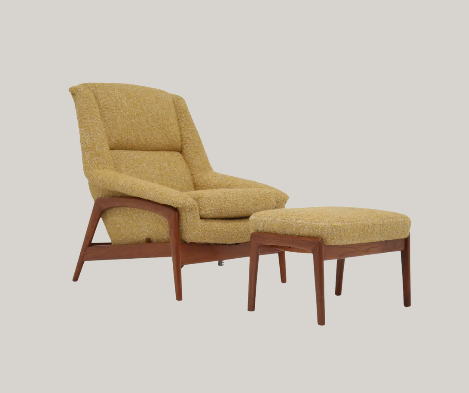 Folke Ohlsson Lounge Chair & Ottoman by Dux with butter yellow boucle