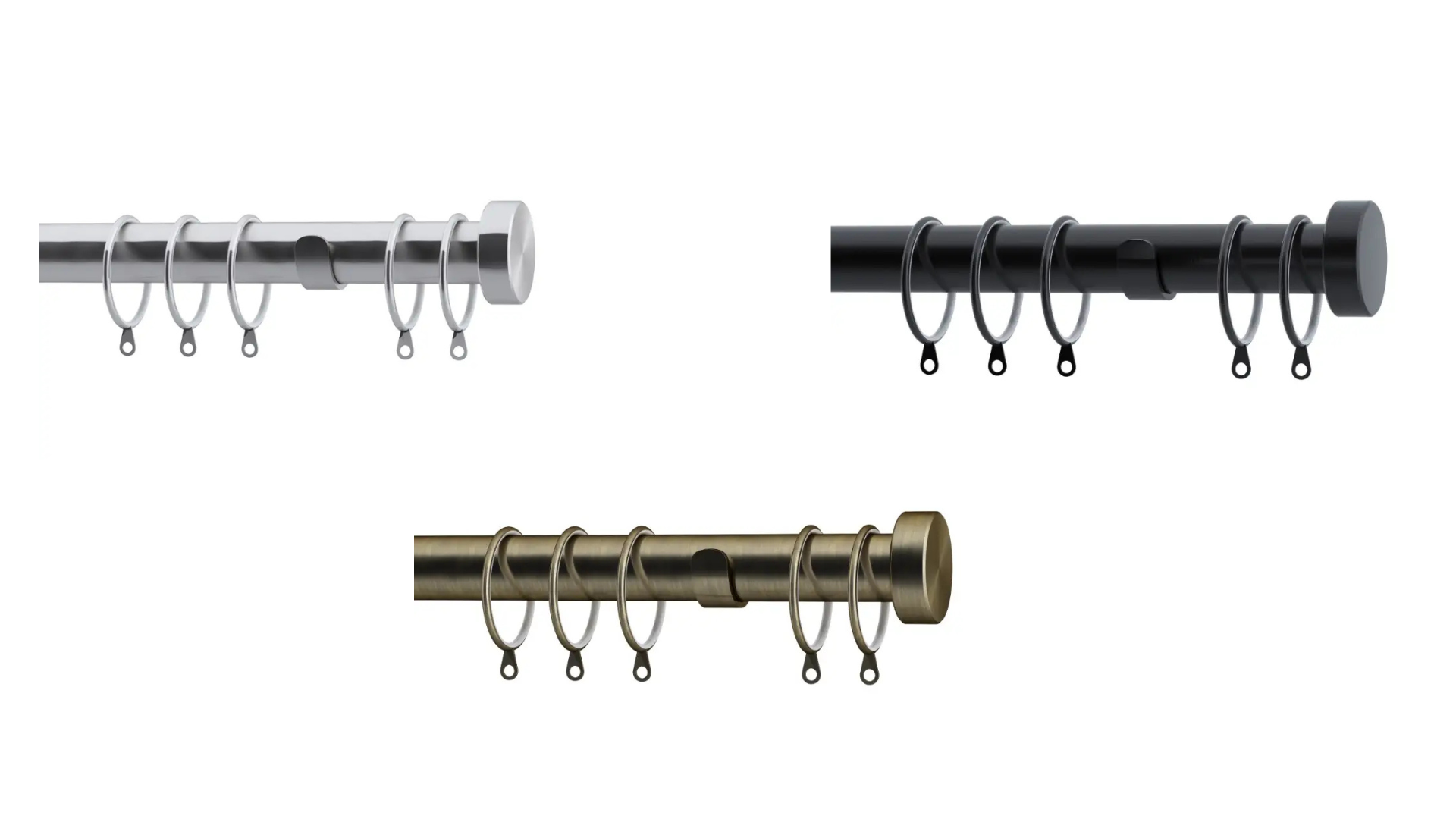 End stud curtain rod design in satin silver, antique brass and matte balck finish examples